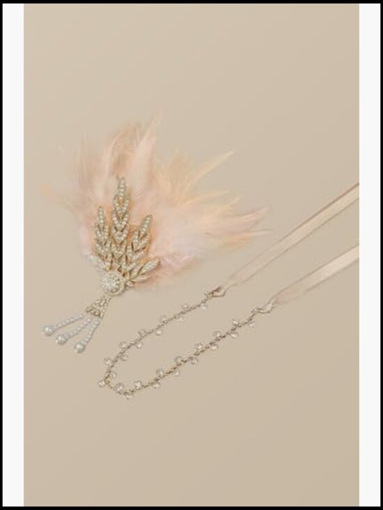 Art Deco Feather Headband with Pearl Tassels Gold Crystal Embellished Adjustable main image 5